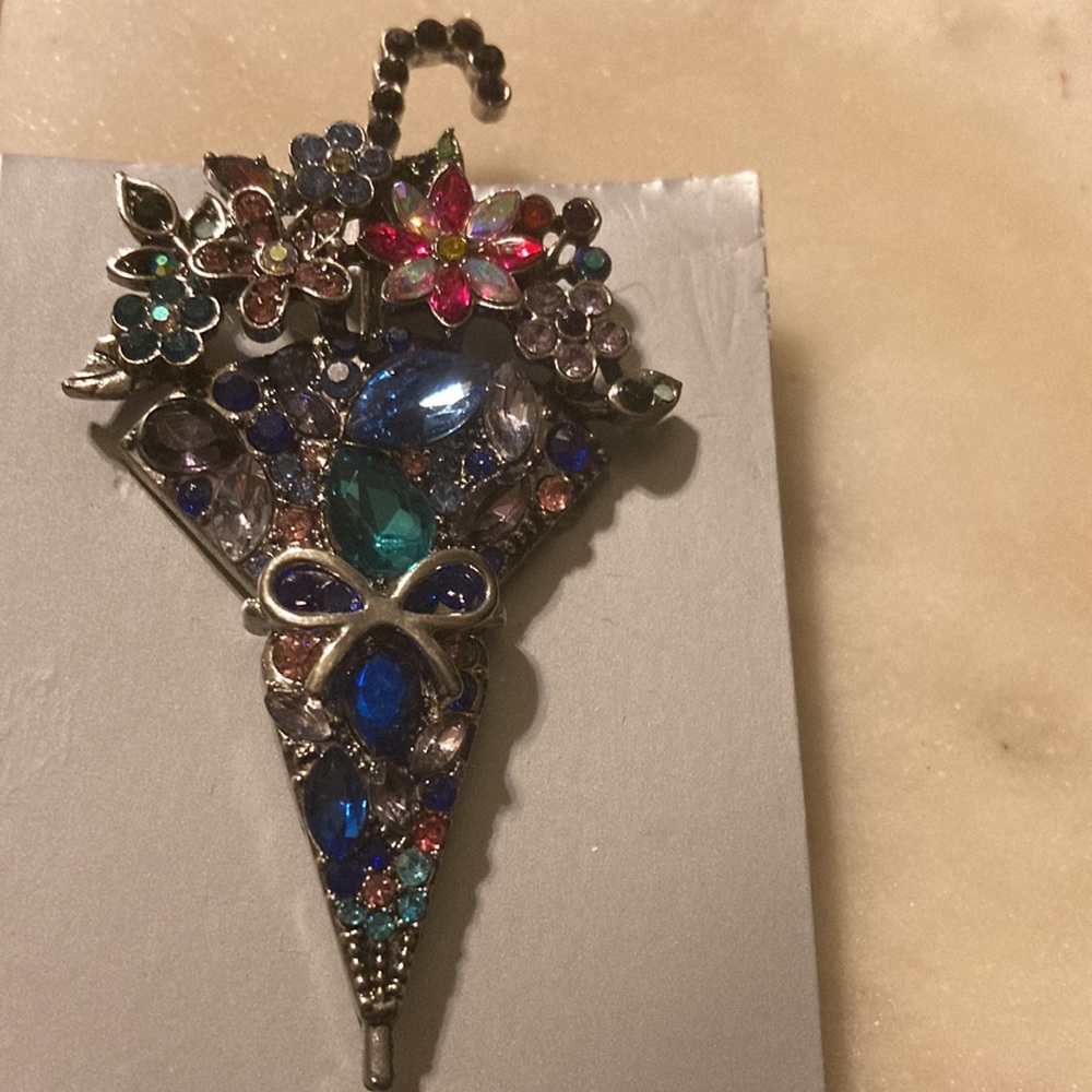 Floral Umbrella Brooch with Multicolor Gems